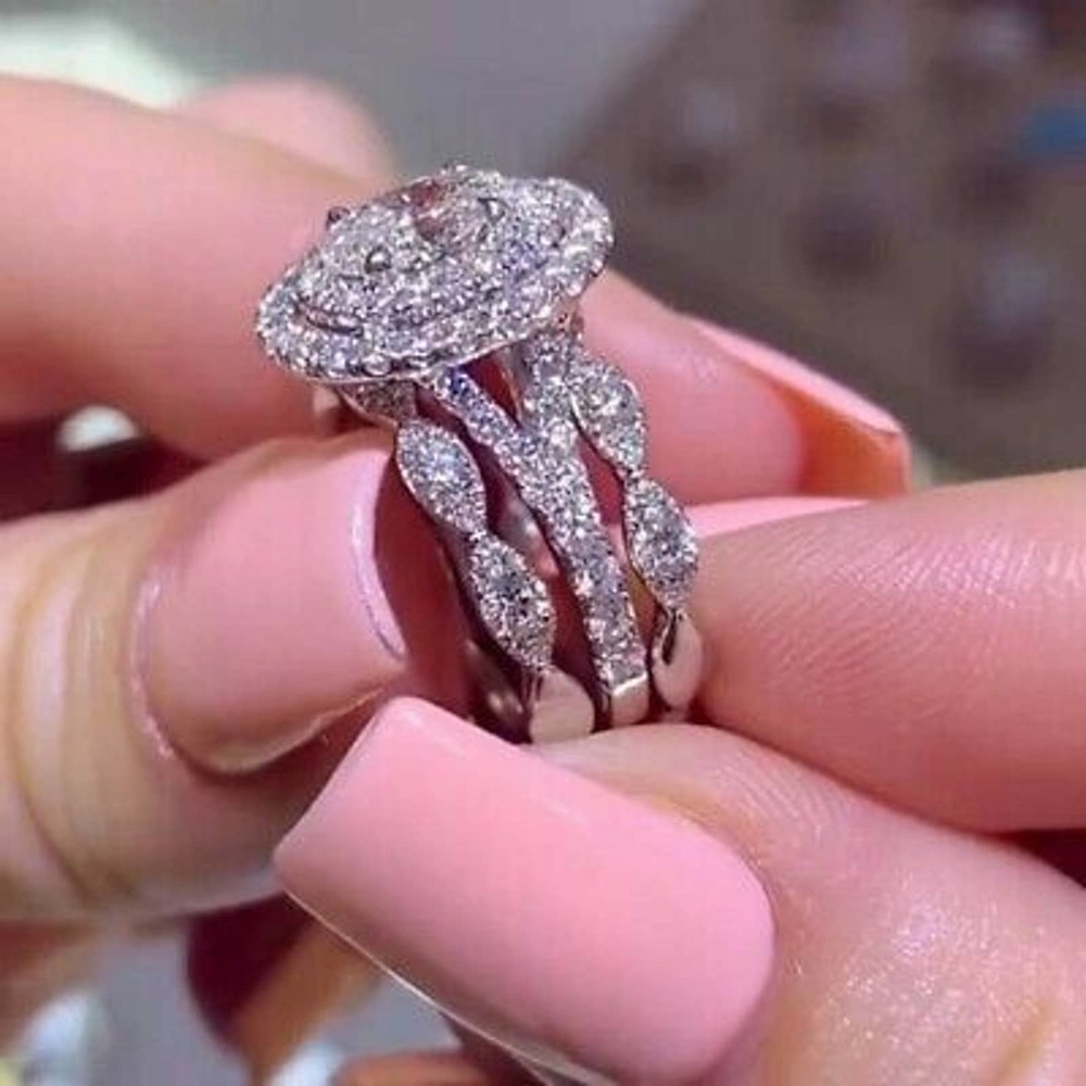 Halo Wedding Ring Set / Engagement STERLING SILVER size 6,7,8,9,10